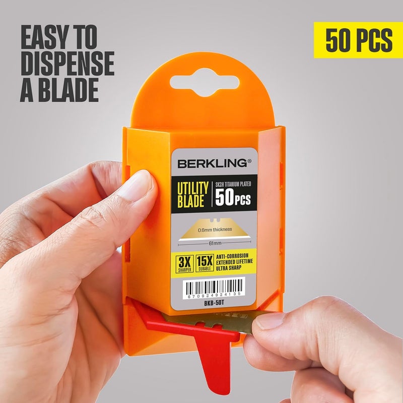 Berkling Utility Knife Blades Titanium Plated 50 PCS With Dispenser, SK2H Laser Sharpened Hardened, Ultra 3X Sharper and 15X More Durable, Standard T-Shape Replacement Box Cutter Razor Blades - Image 5
